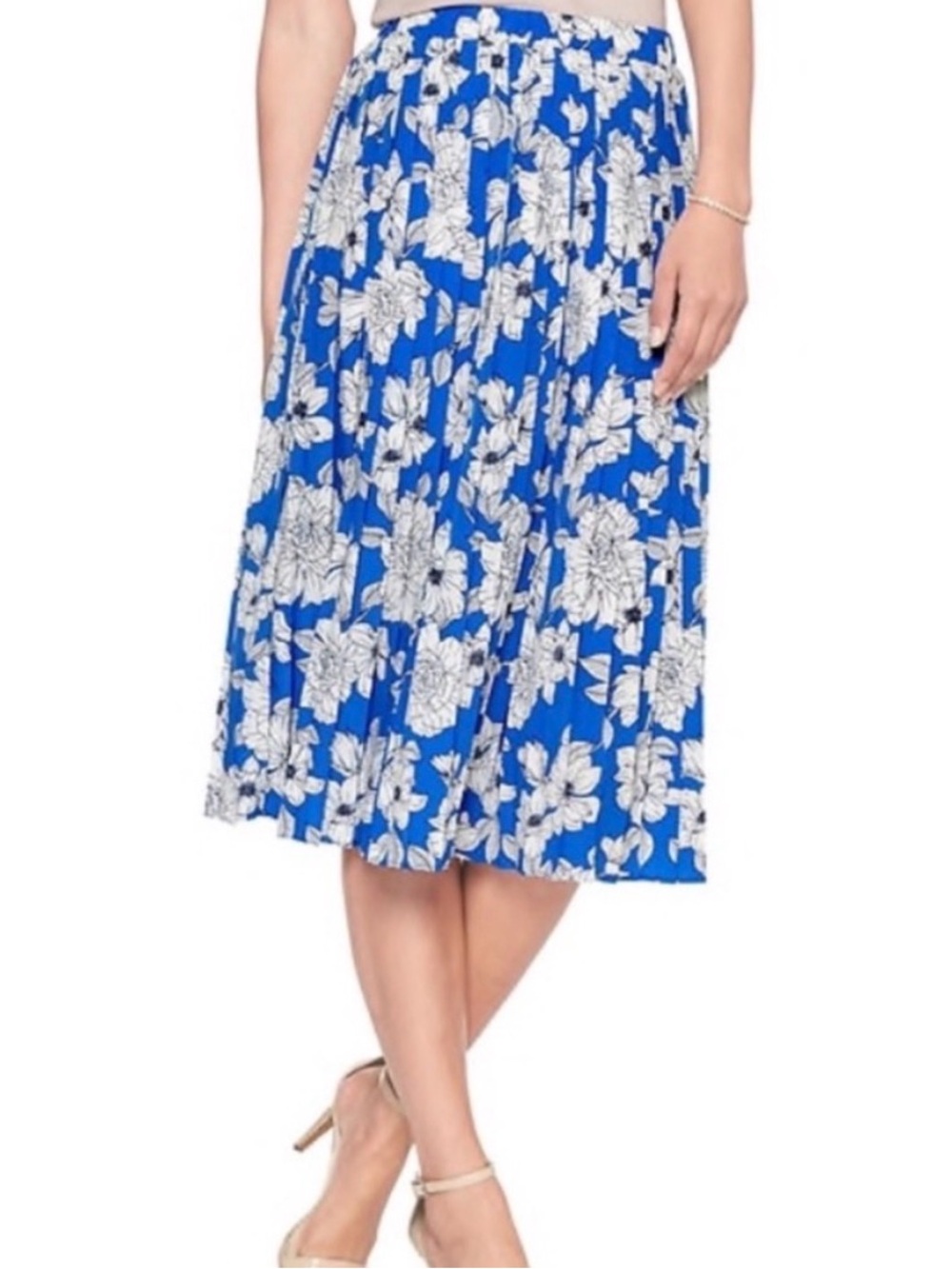 Banana Republic Blue Floral Pleated Midi Skirt